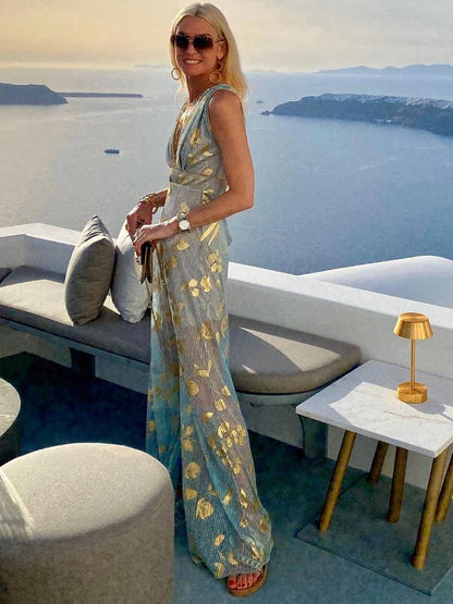 Women's Bronze Sequin V-Neck Maxi Dress