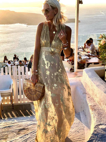 Women's Bronze Sequin V-Neck Maxi Dress