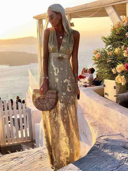 Women's Bronze Sequin V-Neck Maxi Dress