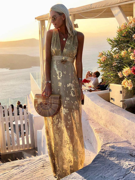 Women's Bronze Sequin V-Neck Maxi Dress