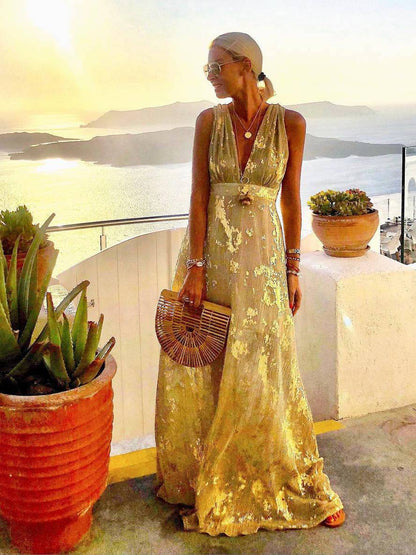 Women's Bronze Sequin V-Neck Maxi Dress