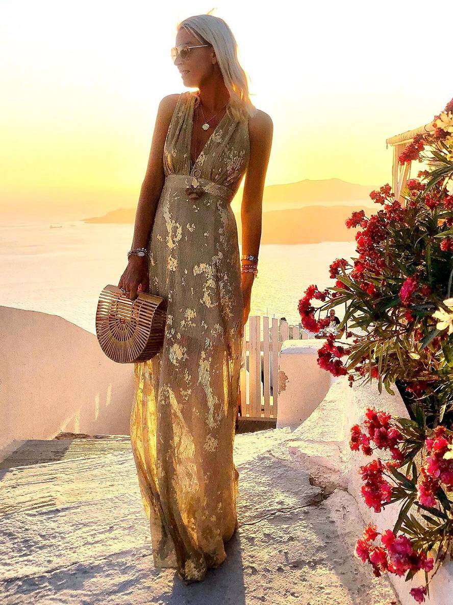 Women's Bronze Sequin V-Neck Maxi Dress