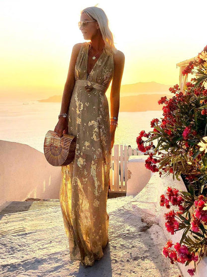Women's Bronze Sequin V-Neck Maxi Dress