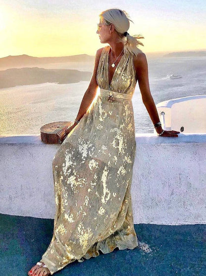 Women's Bronze Sequin V-Neck Maxi Dress