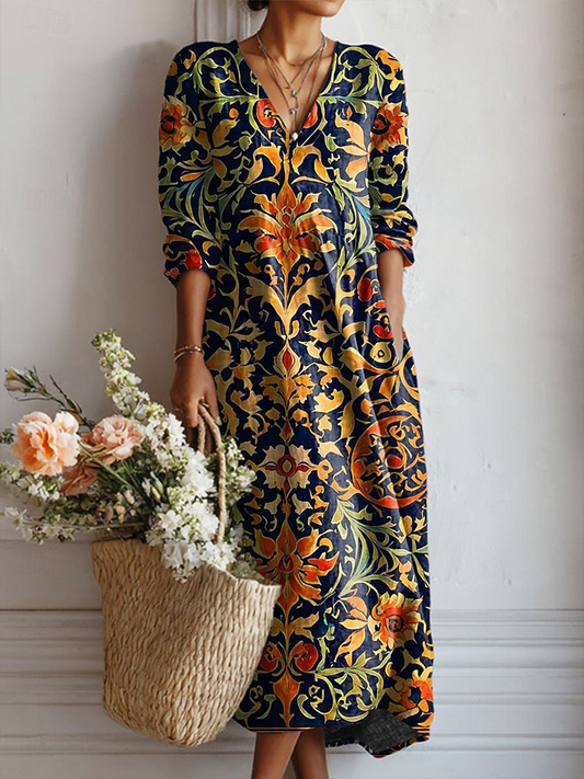 Women's Boho Baroque Scroll V-Neck Midi Dress