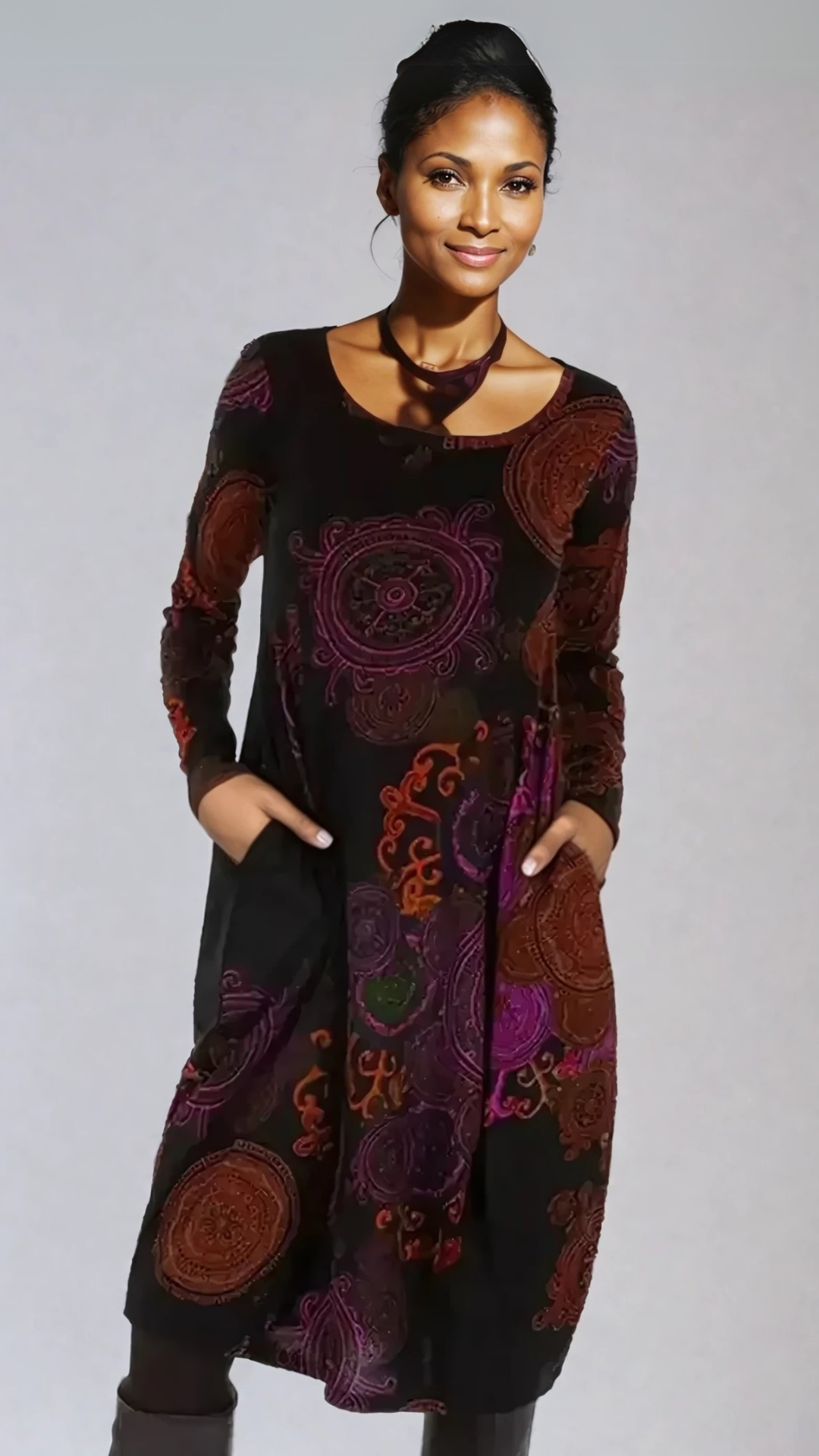 Boho Midi Dress Long Sleeve Floral Printed
