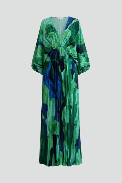 Women's Pleated Maxi Dress with V-Neckline and Side Slit