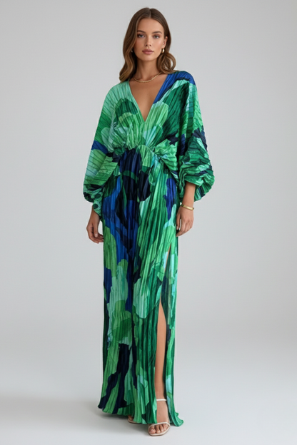 Women's Pleated Maxi Dress with V-Neckline and Side Slit