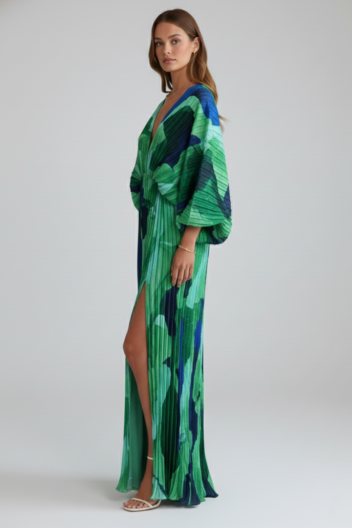 Women's Pleated Maxi Dress with V-Neckline and Side Slit