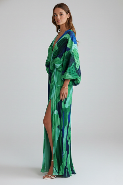 Women's Pleated Maxi Dress with V-Neckline and Side Slit