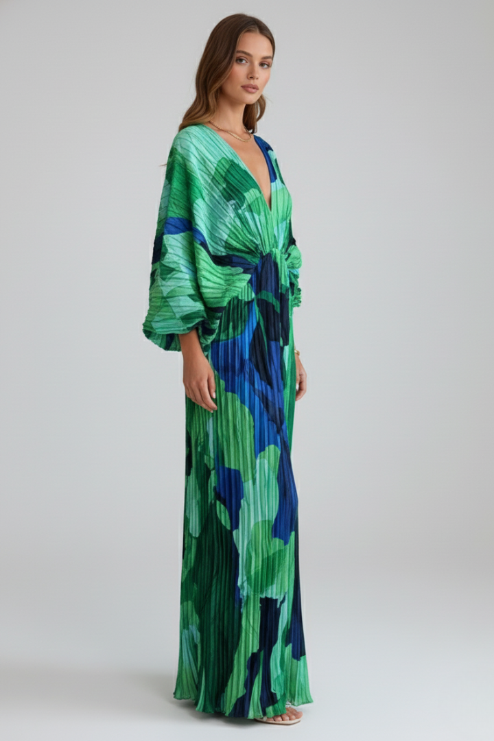 Women's Pleated Maxi Dress with V-Neckline and Side Slit