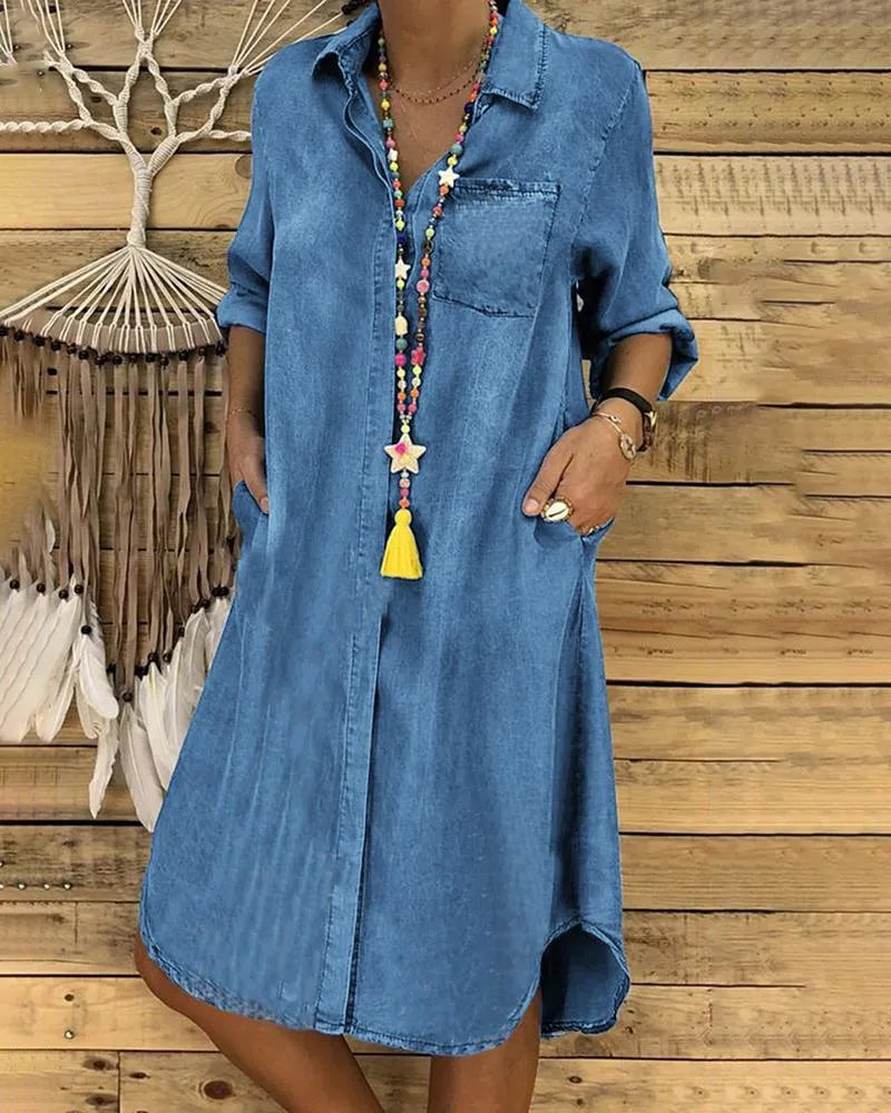 Women’s Casual Button-Front Mini Denim Dress with Pockets