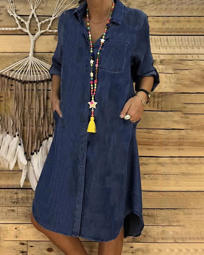 Women’s Casual Button-Front Mini Denim Dress with Pockets