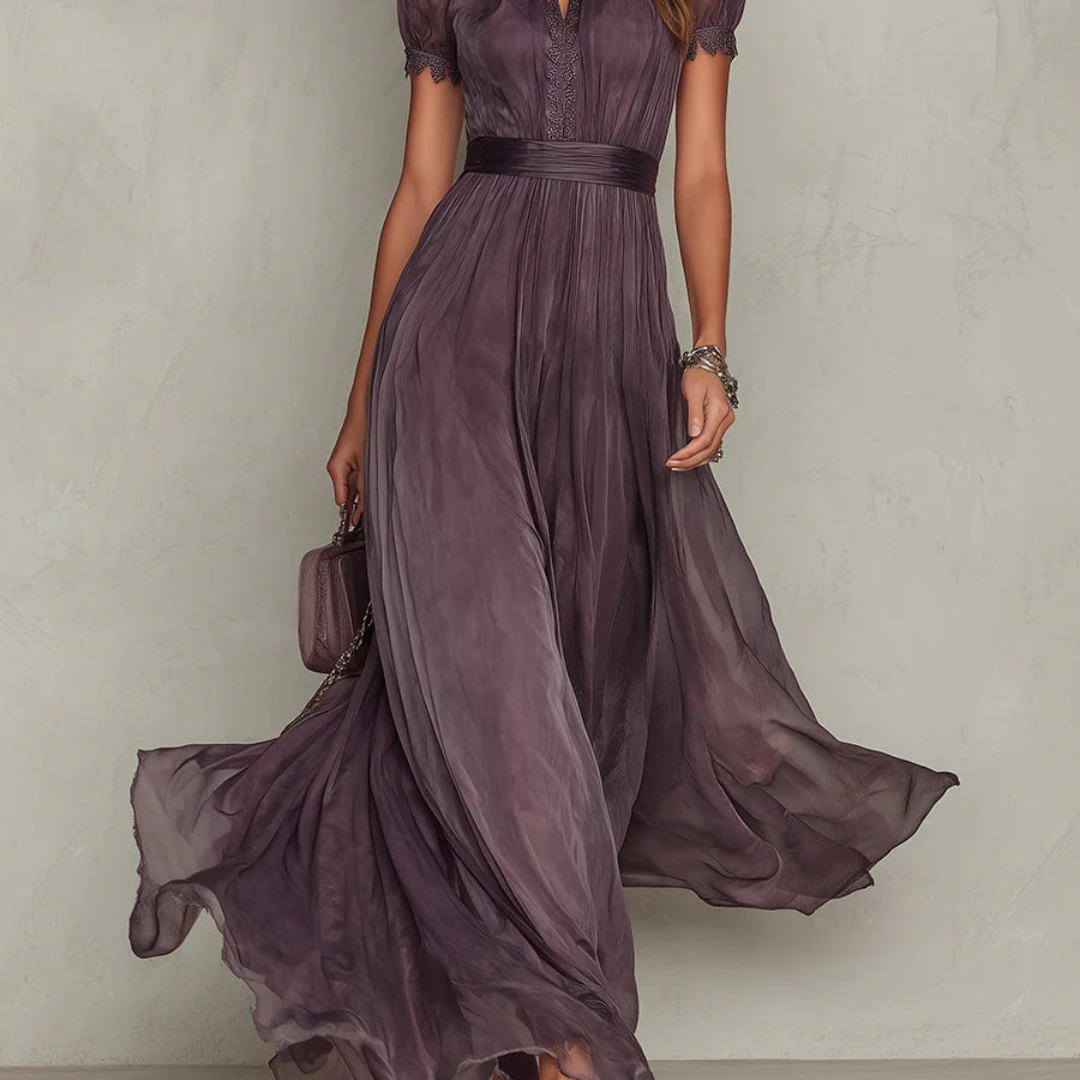 Women's Lightweight Chiffon Maxi Dress with Delicate Lace Trim
