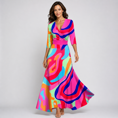 Women’s Elegant Floral V-Neck Flowing Wrap Maxi Dress
