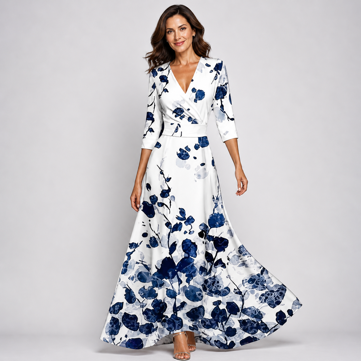 Women’s Elegant Floral V-Neck Flowing Wrap Maxi Dress