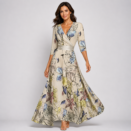Women’s Elegant Floral V-Neck Flowing Wrap Maxi Dress