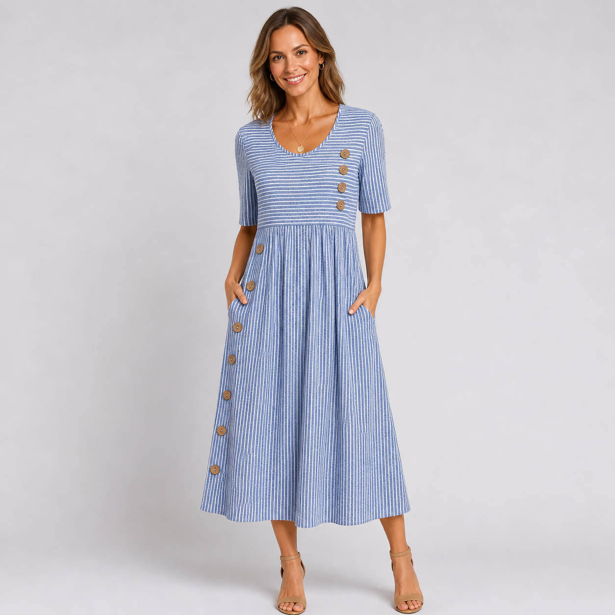 Women’s Striped Button Flowy Summer Midi Dress