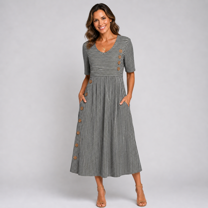 Women’s Striped Button Flowy Summer Midi Dress