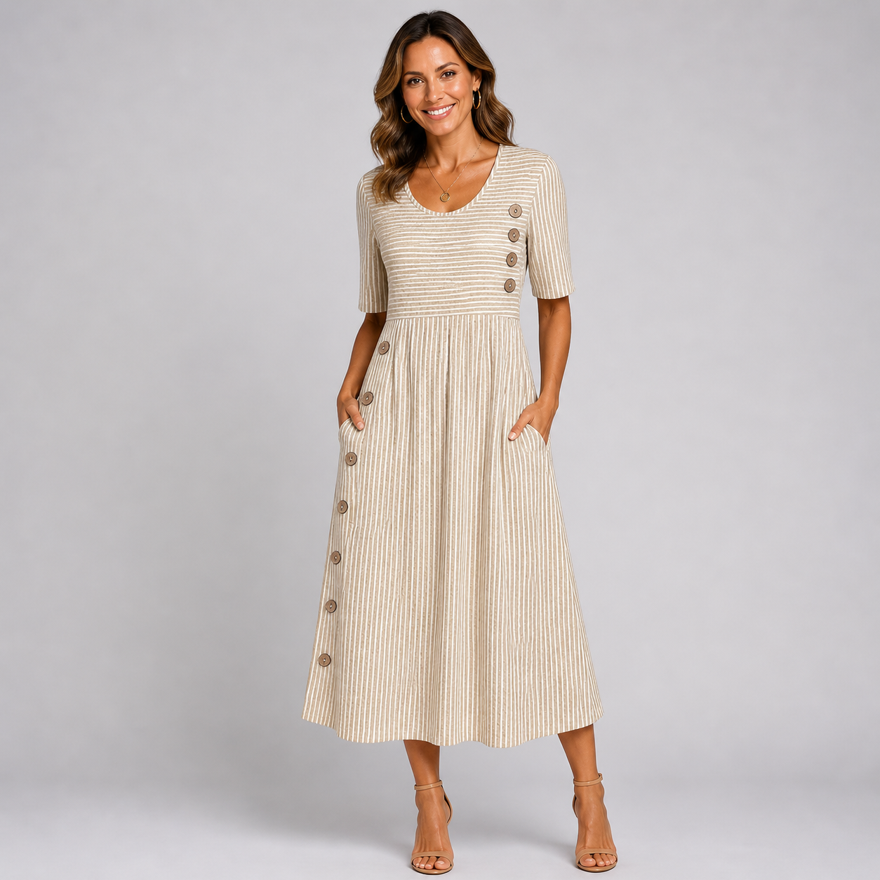 Women’s Striped Button Flowy Summer Midi Dress