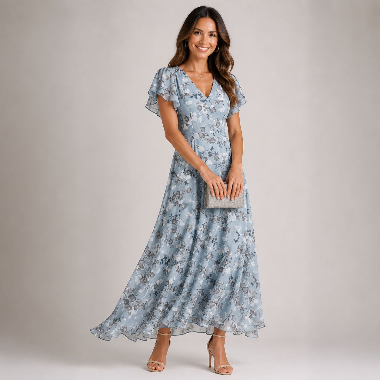 Women’s Floral Ruffle Flowy V-Neck Summer Maxi Dress
