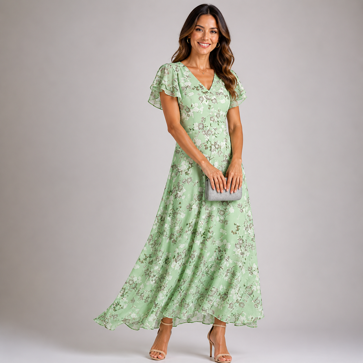 Women’s Floral Ruffle Flowy V-Neck Summer Maxi Dress