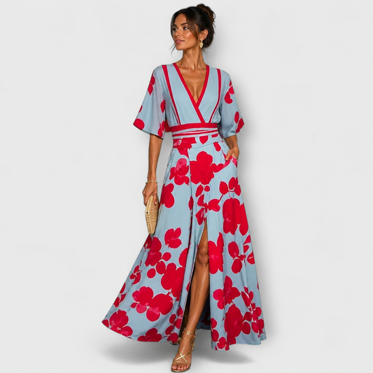 Women’s Floral Wrap V-Neck Split Hem Maxi Dress
