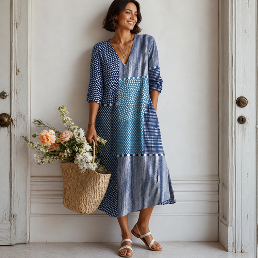 Women’s Patchwork Printed V-Neck Midi Dress