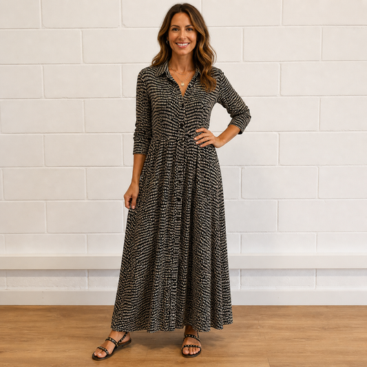 Women’s Elegant Printed Button Front Long Sleeve Maxi Dress