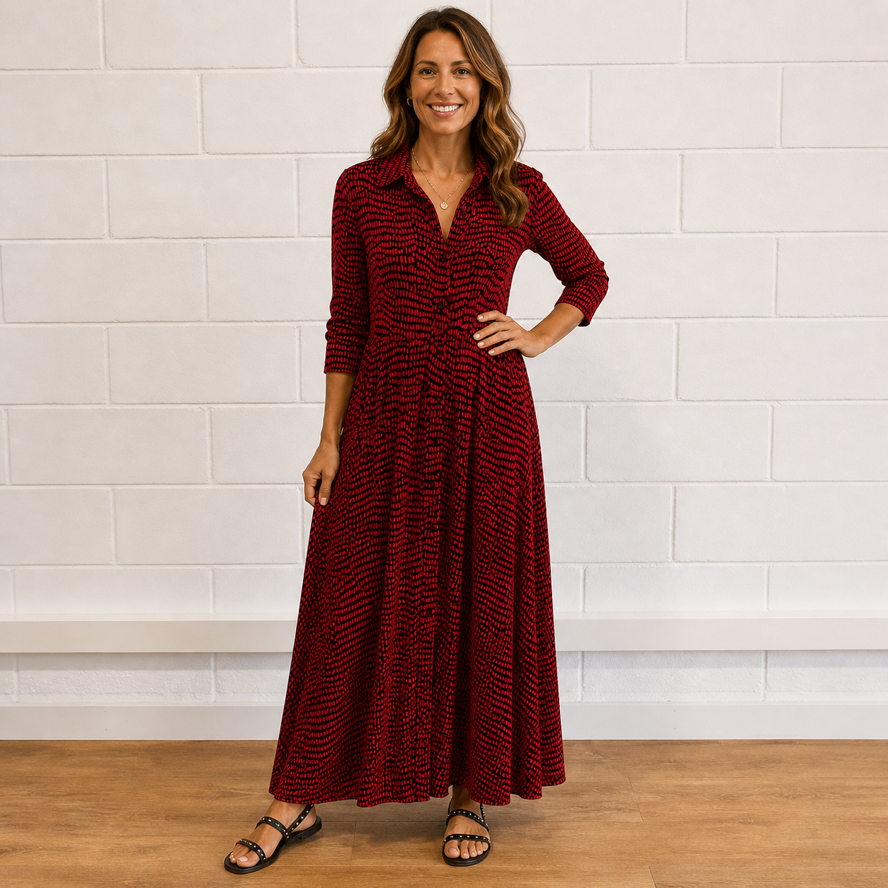 Women’s Elegant Printed Button Front Long Sleeve Maxi Dress
