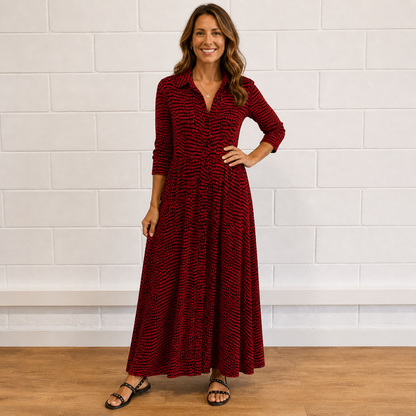 Women’s Elegant Printed Button Front Long Sleeve Maxi Dress
