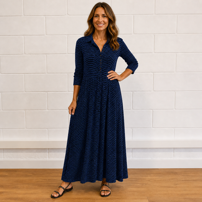 Women’s Elegant Printed Button Front Long Sleeve Maxi Dress