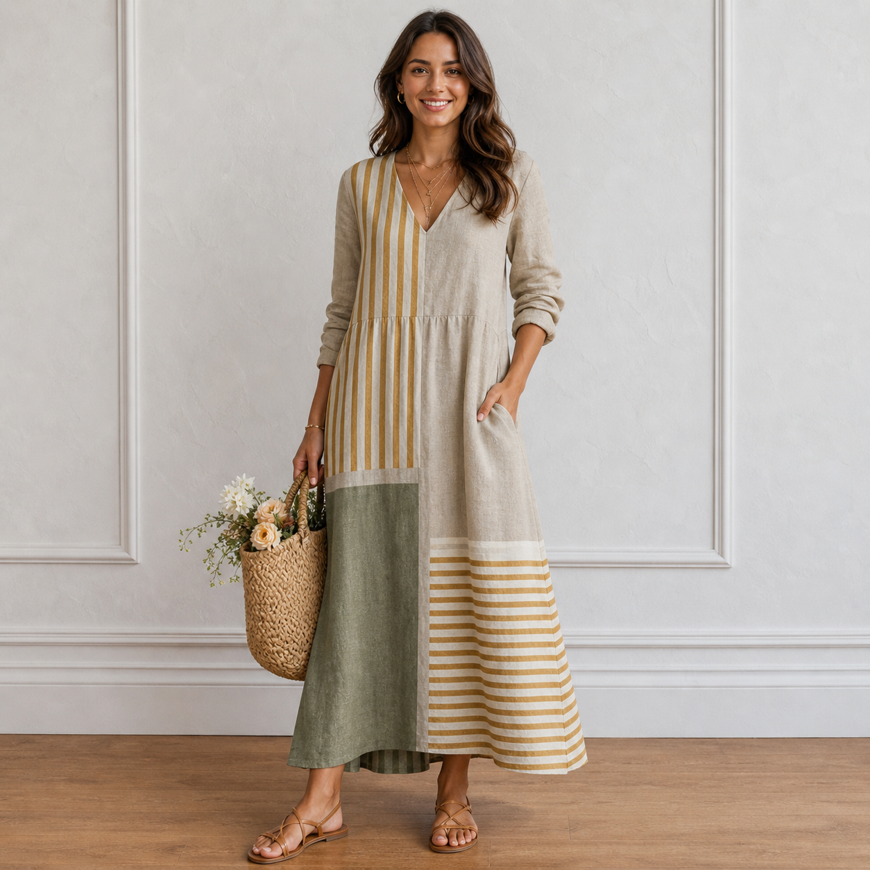Women’s Casual Patchwork Striped V-Neck Maxi Dress