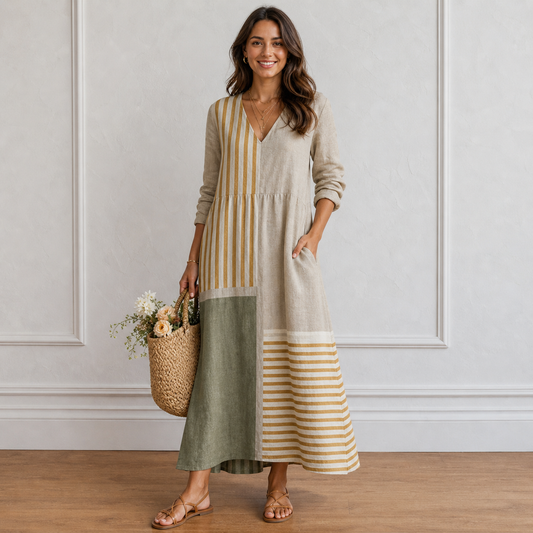 Women’s Casual Patchwork Striped V-Neck Maxi Dress