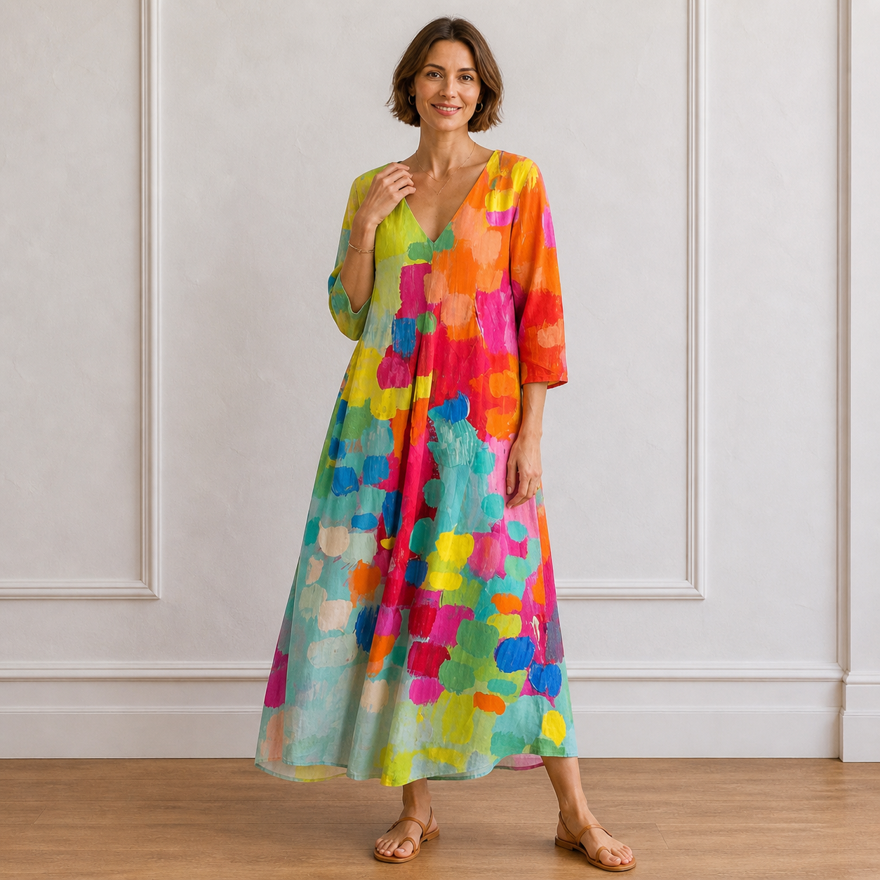 Women’s Artistic Multicolor V-Neck Maxi Dress with Abstract Print
