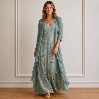 Women’s Elegant Floral Maxi Dress and Cardigan Two-Piece Set