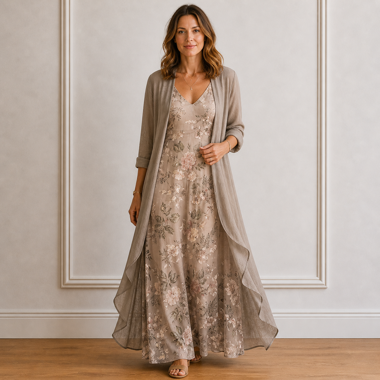 Women’s Elegant Floral Maxi Dress and Cardigan Two-Piece Set