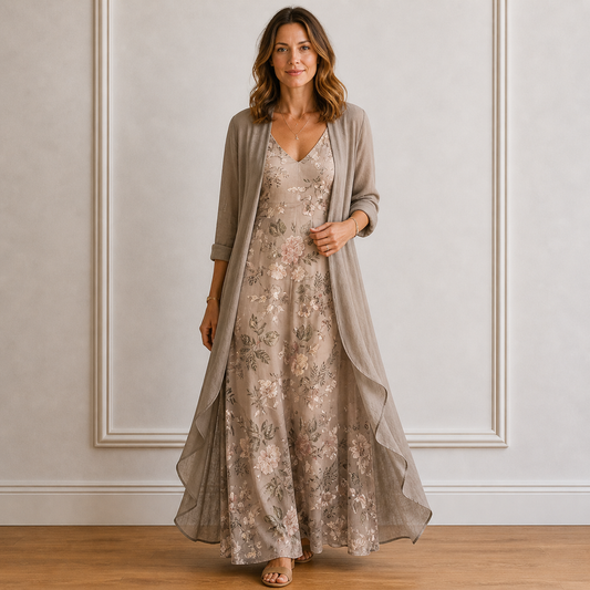 Women’s Elegant Floral Maxi Dress and Cardigan Two-Piece Set