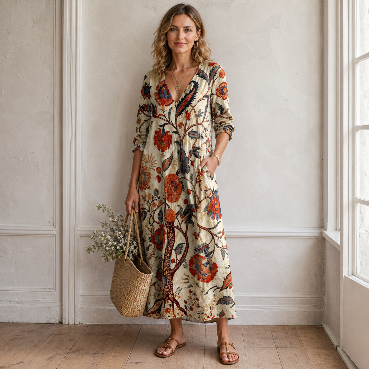 Women’s Vintage Floral Button-Front Maxi Dress with V-Neck