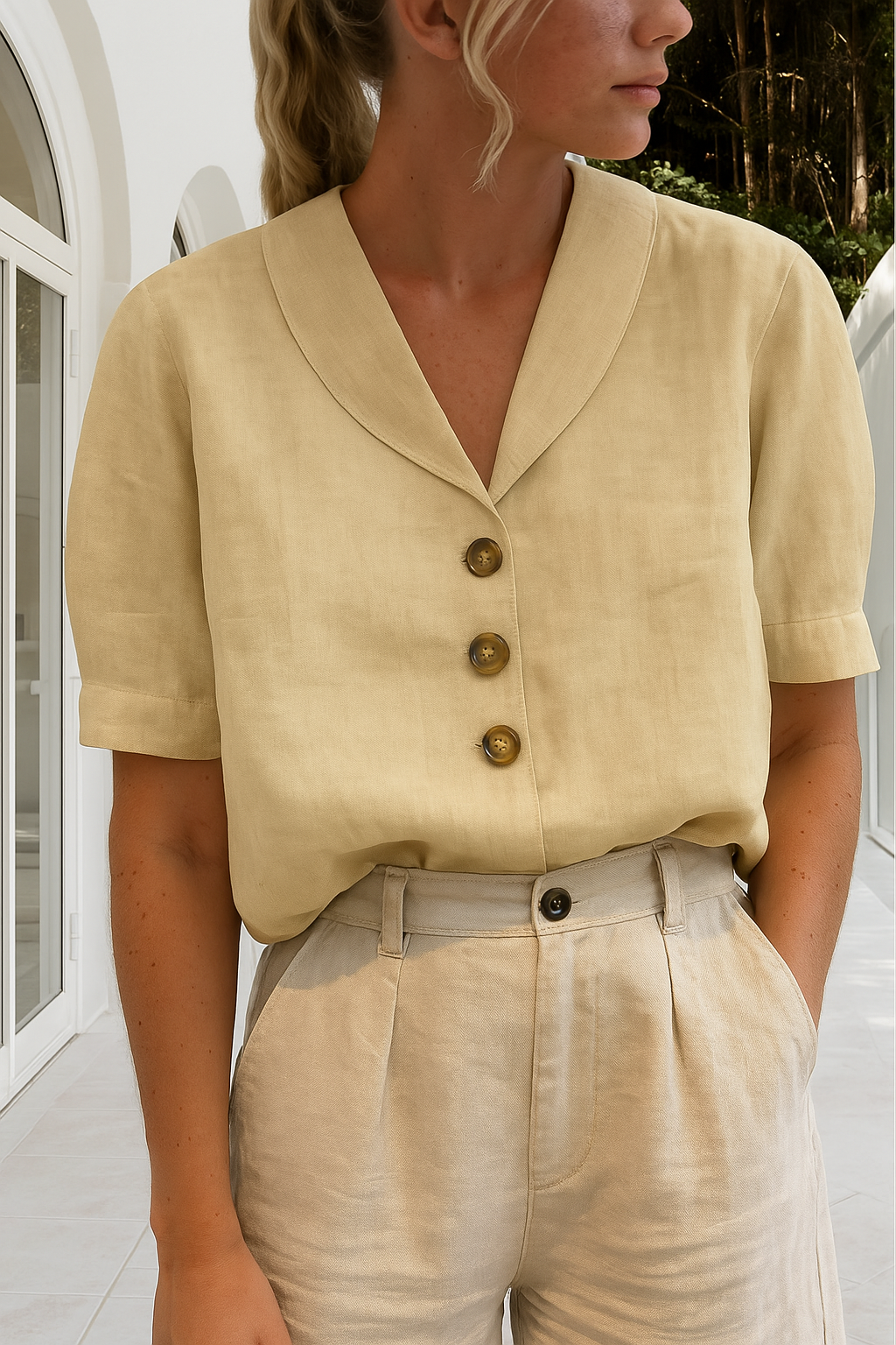 Button Detail V-Neck Blouse Women Short Sleeve