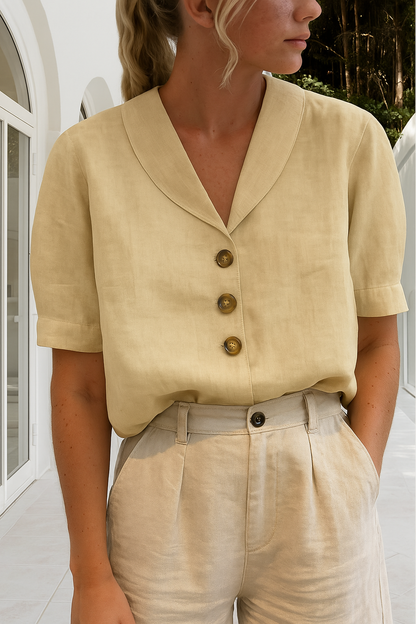 Button Detail V-Neck Blouse Women Short Sleeve