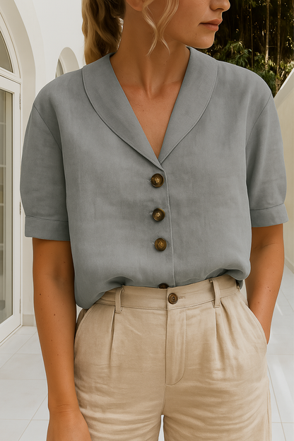 Button Detail V-Neck Blouse Women Short Sleeve
