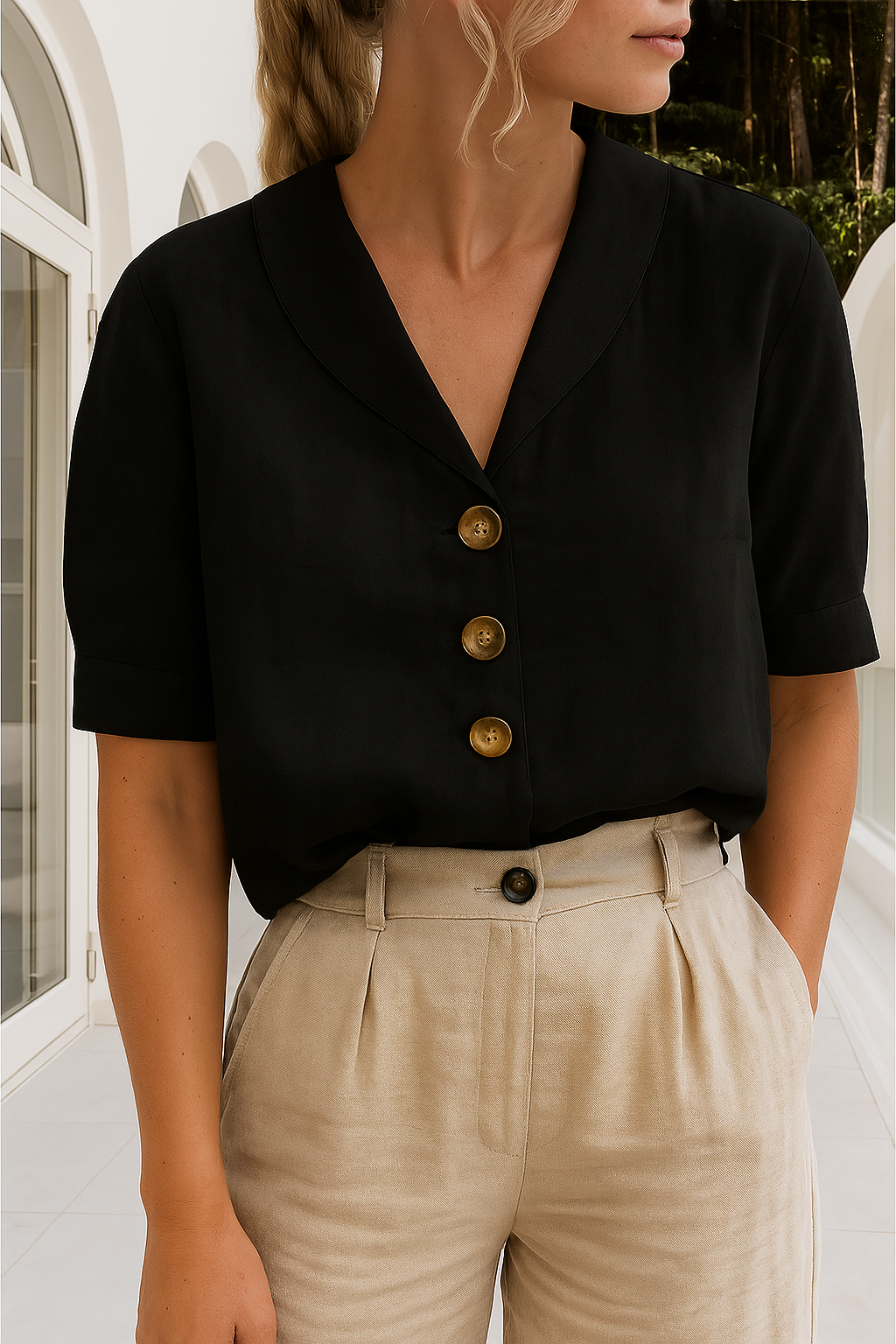 Button Detail V-Neck Blouse Women Short Sleeve