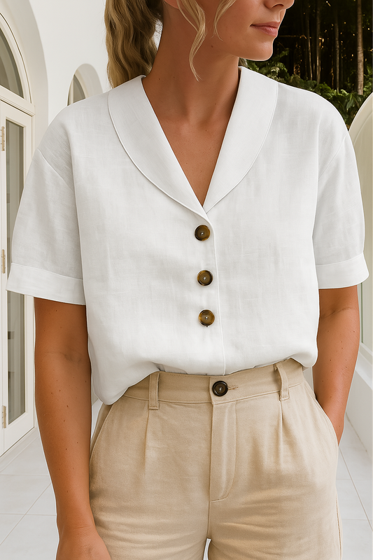 Button Detail V-Neck Blouse Women Short Sleeve