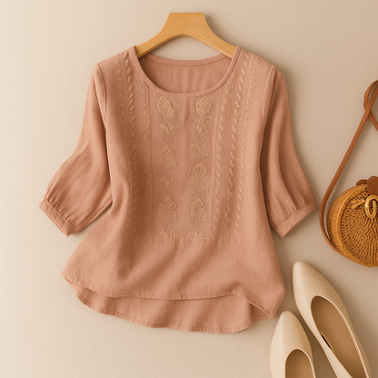 Embroidered Round Neck Casual Blouse for Women