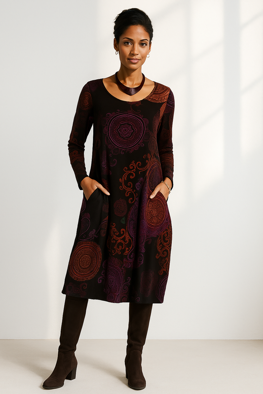 Boho Midi Dress Long Sleeve Floral Printed