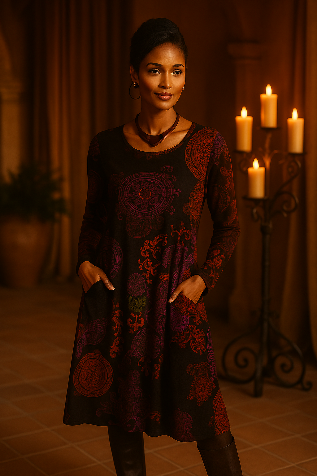 Boho Midi Dress Long Sleeve Floral Printed