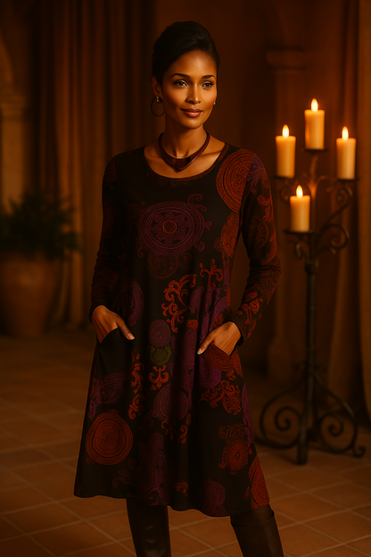 Boho Midi Dress Long Sleeve Floral Printed