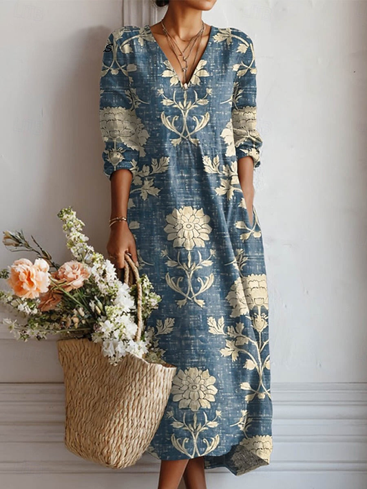 Women's Vintage Floral Midi Dress with V-Neck and Relaxed Fit