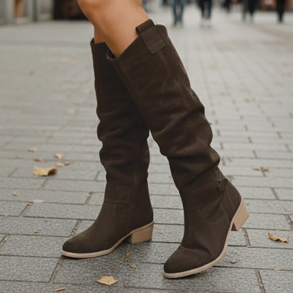Women’s Knee High Boots with Low Block Heel and Relaxed Fit